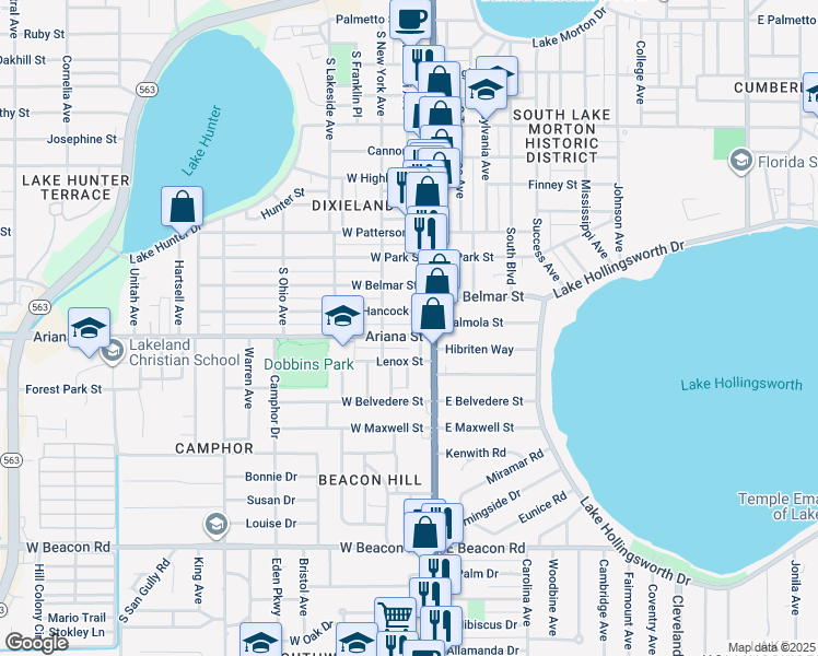 map of restaurants, bars, coffee shops, grocery stores, and more near 207 Ariana Street in Lakeland