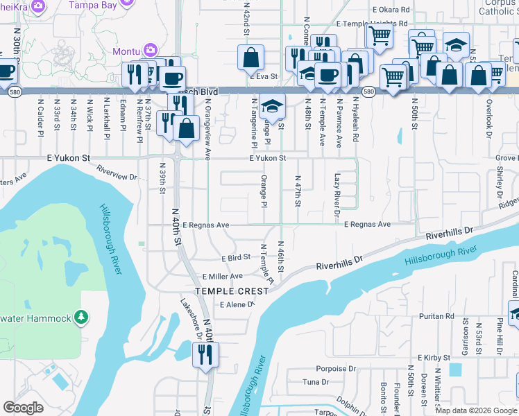 map of restaurants, bars, coffee shops, grocery stores, and more near 8407 North Tangerine Place in Tampa