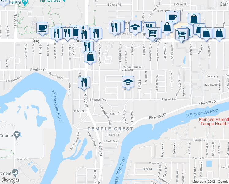 map of restaurants, bars, coffee shops, grocery stores, and more near 4215 East Covina Circle South in Tampa