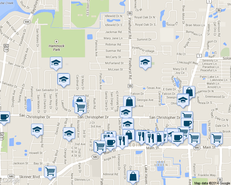 map of restaurants, bars, coffee shops, grocery stores, and more near 1564 Santa Monica Drive in Dunedin