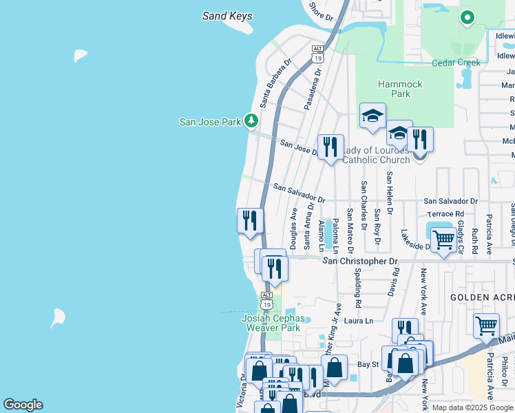 map of restaurants, bars, coffee shops, grocery stores, and more near 1553 Bayshore Boulevard in Dunedin