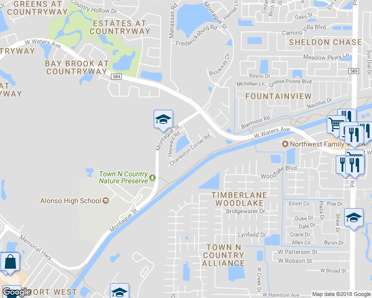 map of restaurants, bars, coffee shops, grocery stores, and more near 10207 Charleston Corner Road in Tampa
