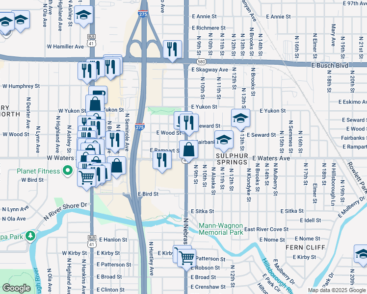 map of restaurants, bars, coffee shops, grocery stores, and more near 8411 North Mitchell Avenue in Tampa