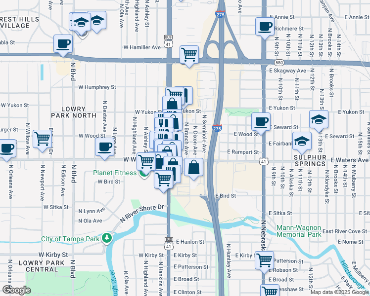 map of restaurants, bars, coffee shops, grocery stores, and more near 206 East Rampart Street in Tampa