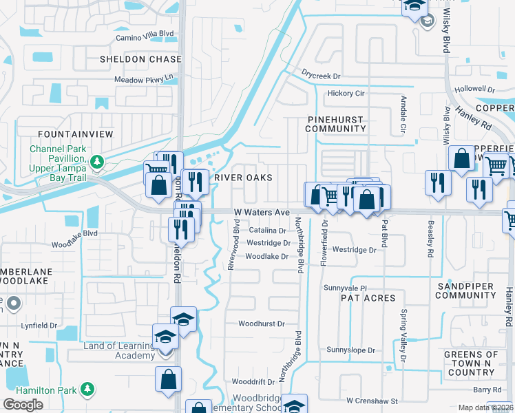 map of restaurants, bars, coffee shops, grocery stores, and more near 8405 Pinewood Street in Tampa