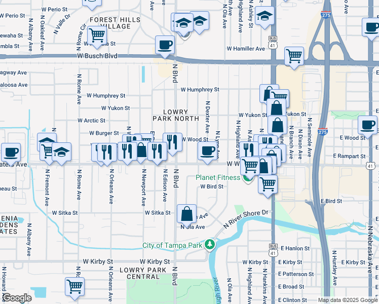 map of restaurants, bars, coffee shops, grocery stores, and more near 8410 North Hamner Avenue in Tampa