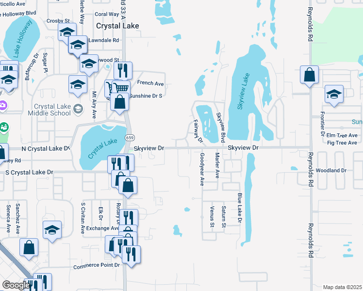 map of restaurants, bars, coffee shops, grocery stores, and more near 2830 Skyview Drive in Lakeland