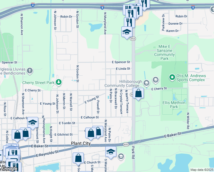 map of restaurants, bars, coffee shops, grocery stores, and more near 1204 North Maryland Avenue in Plant City
