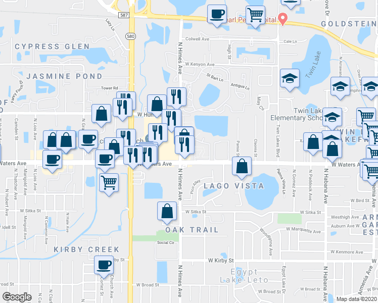 map of restaurants, bars, coffee shops, grocery stores, and more near 8421 Sycamore Tree Drive in Tampa