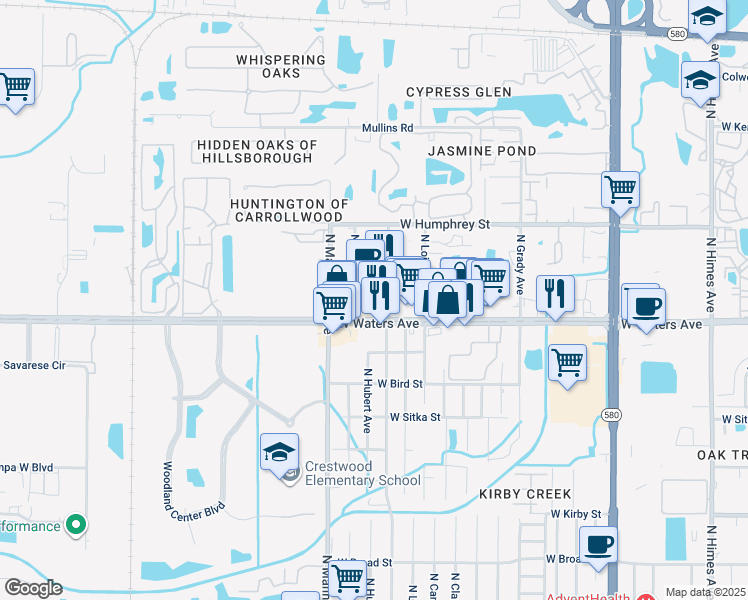 map of restaurants, bars, coffee shops, grocery stores, and more near 4235 West Waters Avenue in Tampa