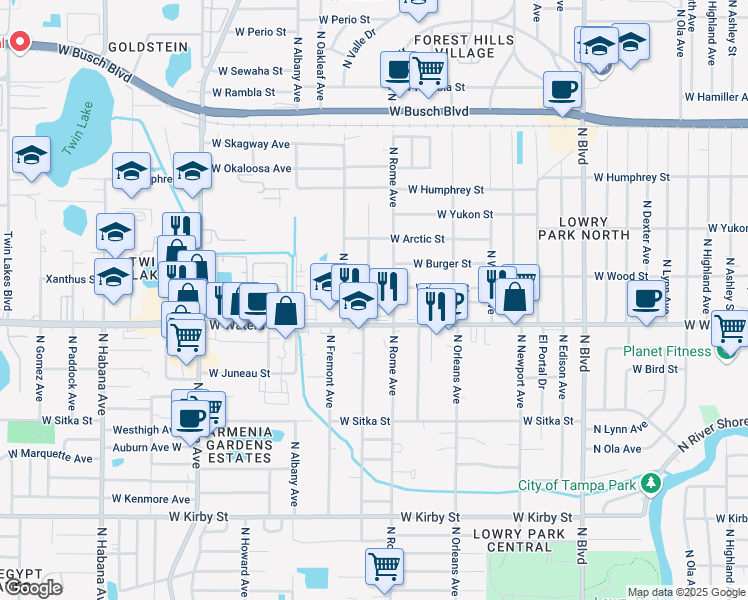 map of restaurants, bars, coffee shops, grocery stores, and more near 8404 North Packwood Avenue in Tampa
