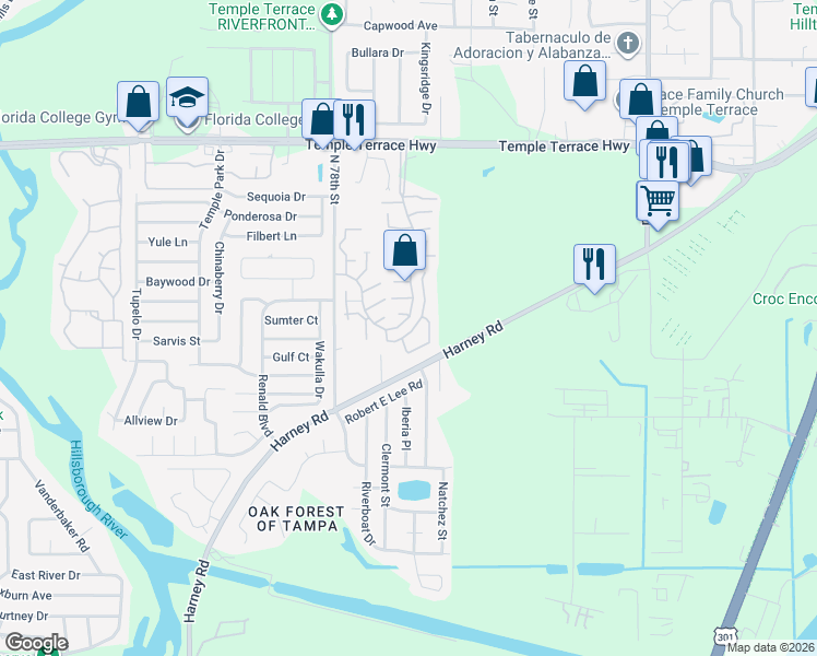 map of restaurants, bars, coffee shops, grocery stores, and more near 8518 Alexandra Arbor Lane in Temple Terrace