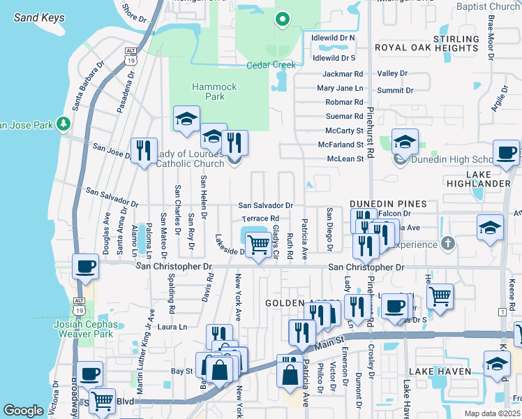 map of restaurants, bars, coffee shops, grocery stores, and more near 787 San Salvador Drive in Dunedin