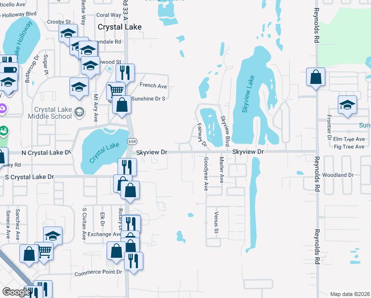 map of restaurants, bars, coffee shops, grocery stores, and more near 1408 Dolphin Drive in Lakeland