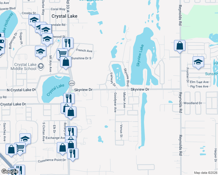 map of restaurants, bars, coffee shops, grocery stores, and more near 1378 6 Iron Drive in Lakeland