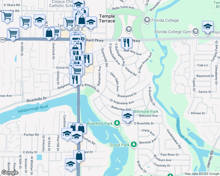 map of restaurants, bars, coffee shops, grocery stores, and more near 304 Brentwood Drive in Tampa