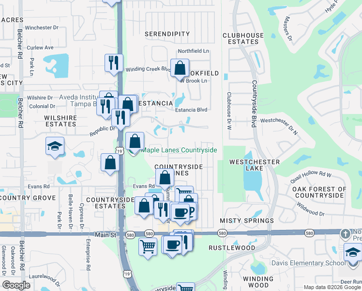 map of restaurants, bars, coffee shops, grocery stores, and more near 2871 Summerdale Drive in Clearwater