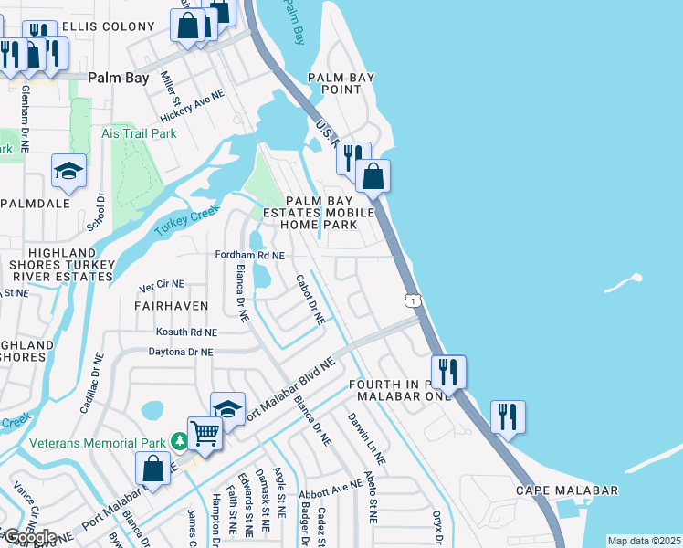 map of restaurants, bars, coffee shops, grocery stores, and more near 1166 Jordan Court Northeast in Palm Bay