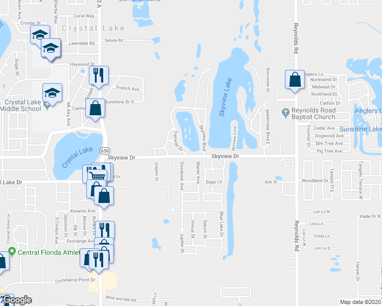 map of restaurants, bars, coffee shops, grocery stores, and more near 2939 Skyview Drive in Lakeland