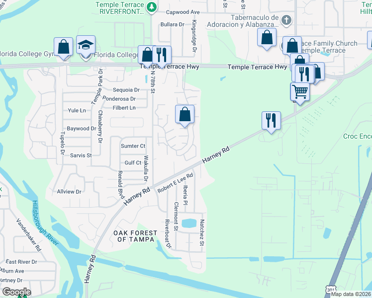 map of restaurants, bars, coffee shops, grocery stores, and more near 8518 Alexandra Arbor Lane in Temple Terrace