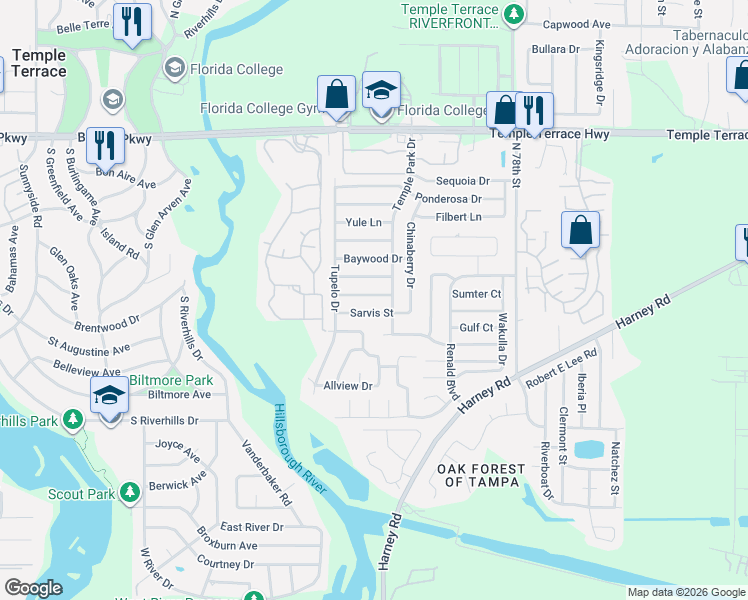 map of restaurants, bars, coffee shops, grocery stores, and more near 7012 Sarvis Street in Tampa