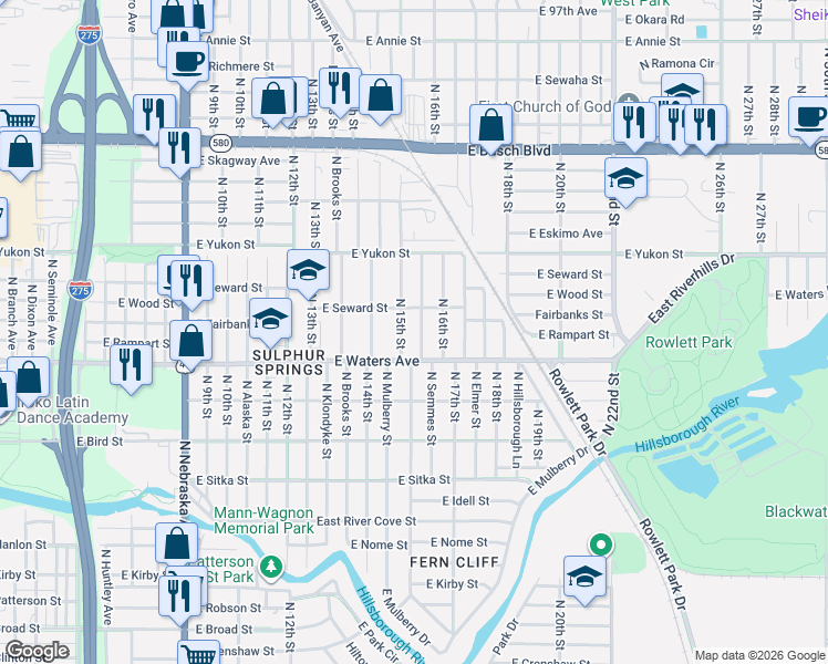 map of restaurants, bars, coffee shops, grocery stores, and more near 8406 North 15th Street in Tampa