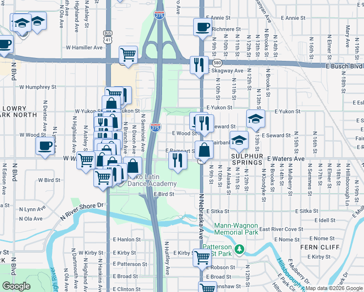 map of restaurants, bars, coffee shops, grocery stores, and more near 8411 North Taliaferro Avenue in Tampa