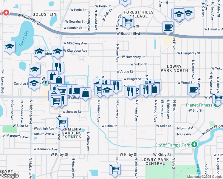 map of restaurants, bars, coffee shops, grocery stores, and more near 8404 North Packwood Avenue in Tampa