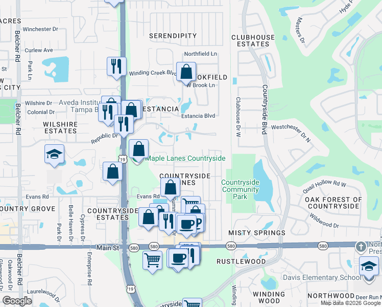 map of restaurants, bars, coffee shops, grocery stores, and more near 2871 Summerdale Drive in Clearwater