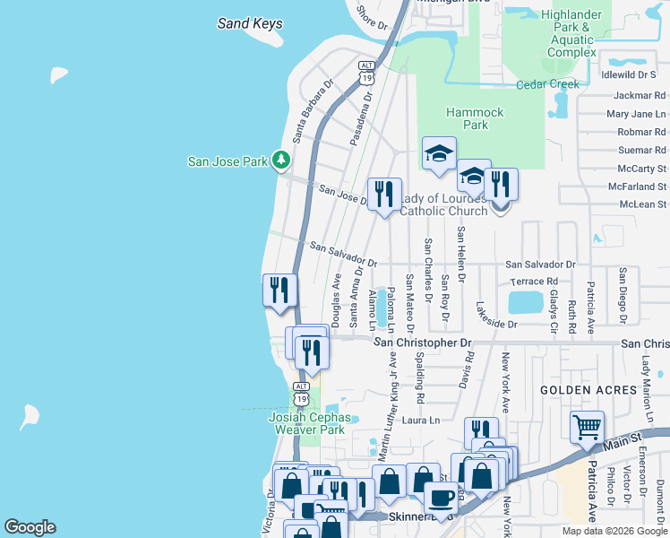 map of restaurants, bars, coffee shops, grocery stores, and more near 1546 Douglas Avenue in Dunedin