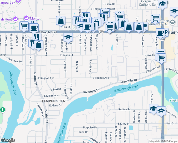 map of restaurants, bars, coffee shops, grocery stores, and more near 8409 Barrett Place in Tampa