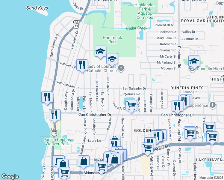 map of restaurants, bars, coffee shops, grocery stores, and more near 711 San Salvador Drive in Dunedin