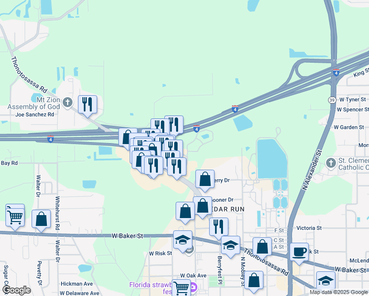 map of restaurants, bars, coffee shops, grocery stores, and more near 1201 Goldfinch Drive in Plant City