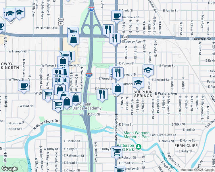 map of restaurants, bars, coffee shops, grocery stores, and more near 8411 North Mitchell Avenue in Tampa