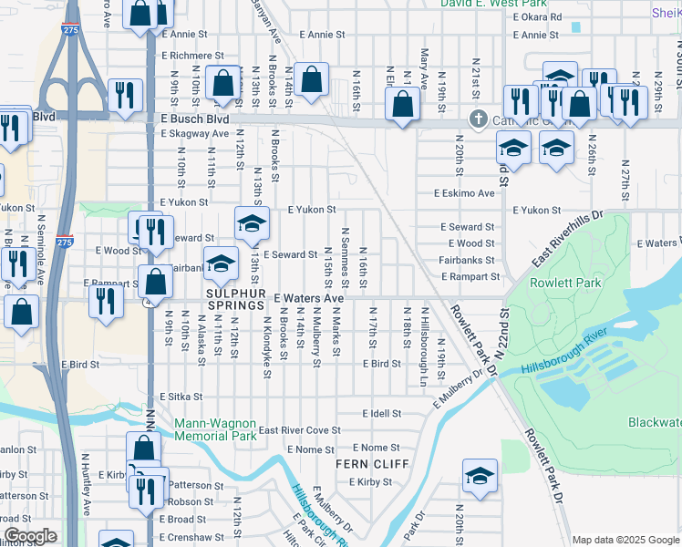 map of restaurants, bars, coffee shops, grocery stores, and more near 8410 North Semmes Street in Tampa