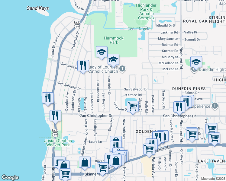 map of restaurants, bars, coffee shops, grocery stores, and more near 711 San Salvador Drive in Dunedin