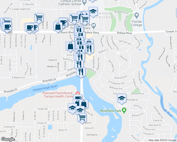 map of restaurants, bars, coffee shops, grocery stores, and more near 201 South Riverhills Drive in Temple Terrace