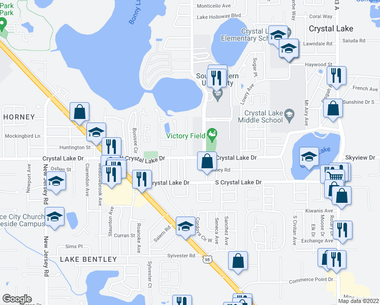 map of restaurants, bars, coffee shops, grocery stores, and more near 1344 Sunset Avenue in Lakeland
