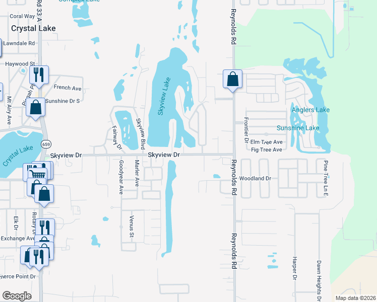 map of restaurants, bars, coffee shops, grocery stores, and more near 3124 Skyview Drive in Lakeland