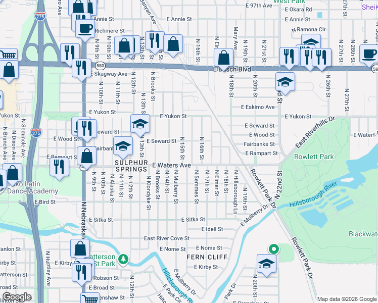map of restaurants, bars, coffee shops, grocery stores, and more near 8406 North 15th Street in Tampa
