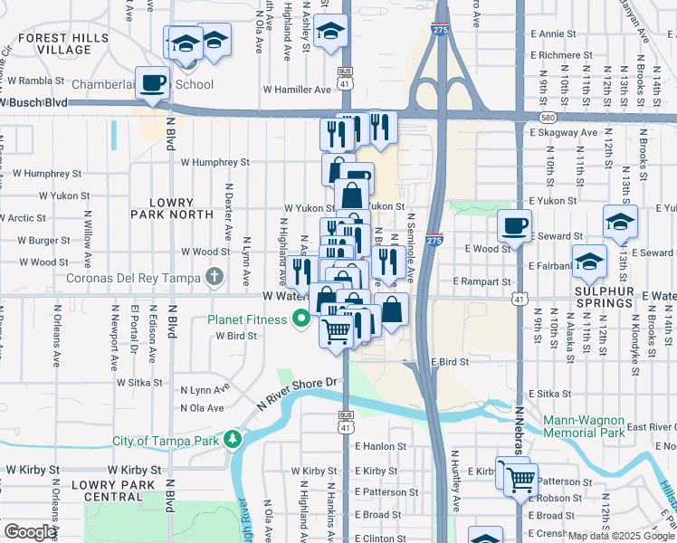 map of restaurants, bars, coffee shops, grocery stores, and more near 8410 North Florida Avenue in Tampa