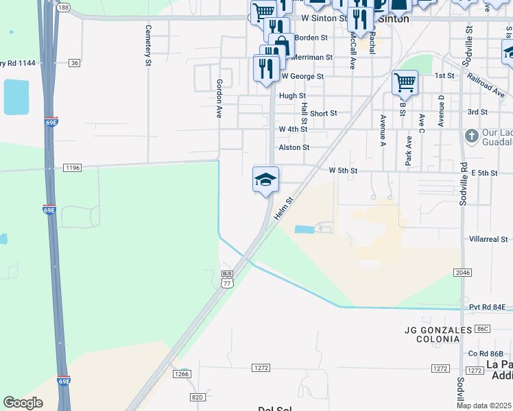 map of restaurants, bars, coffee shops, grocery stores, and more near 900 South San Patricio Street in Sinton