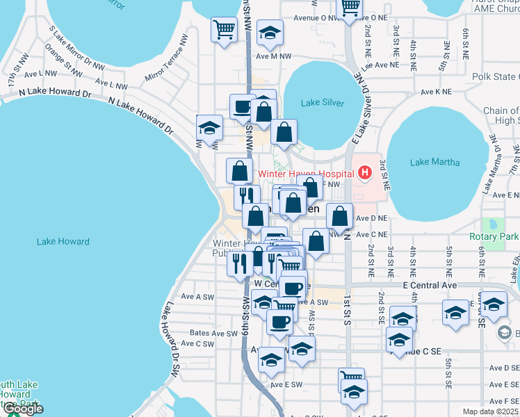map of restaurants, bars, coffee shops, grocery stores, and more near 400 6th Street Northwest in Winter Haven
