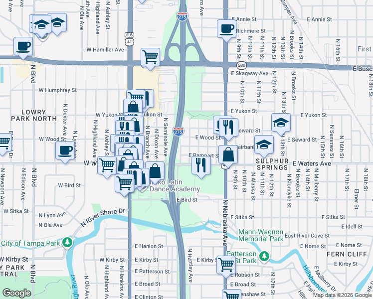 map of restaurants, bars, coffee shops, grocery stores, and more near 8411 North Lamar Avenue in Tampa