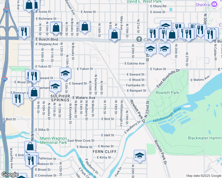 map of restaurants, bars, coffee shops, grocery stores, and more near 8410 North Elmer Street in Tampa