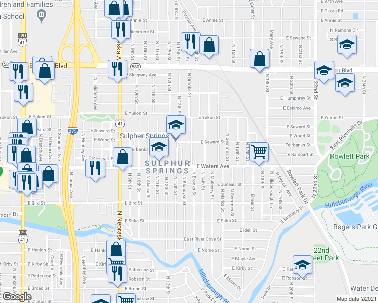map of restaurants, bars, coffee shops, grocery stores, and more near 1302 East Waters Avenue in Tampa