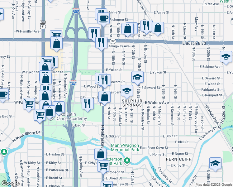 map of restaurants, bars, coffee shops, grocery stores, and more near 8412 North Alaska Street in Tampa