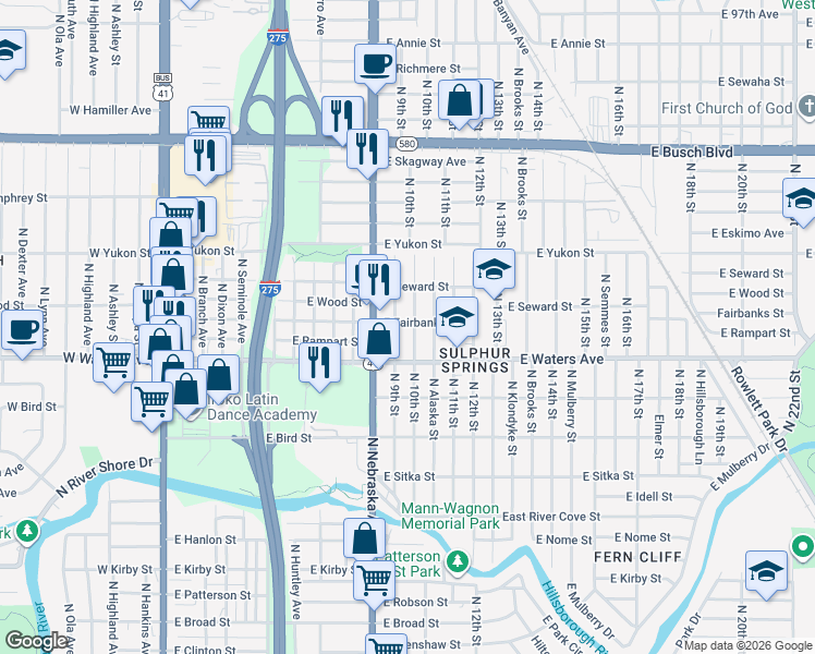 map of restaurants, bars, coffee shops, grocery stores, and more near 8414 North 9th Street in Tampa