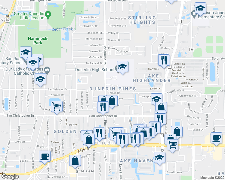 map of restaurants, bars, coffee shops, grocery stores, and more near 1165 Falcon Drive in Dunedin
