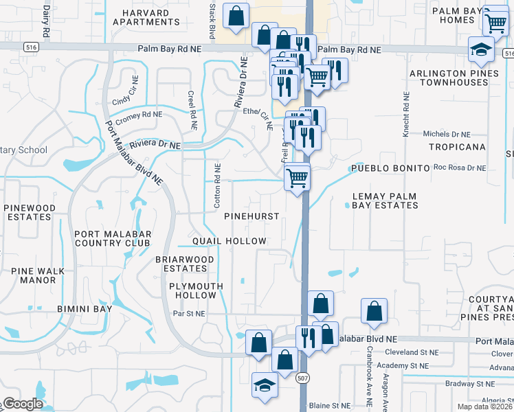 map of restaurants, bars, coffee shops, grocery stores, and more near 3811 Tree Ridge Lane Northeast in Palm Bay